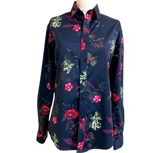 APTRO Womens Cotton Navy Blue Pink and Green Floral Print Classic Style Shirt